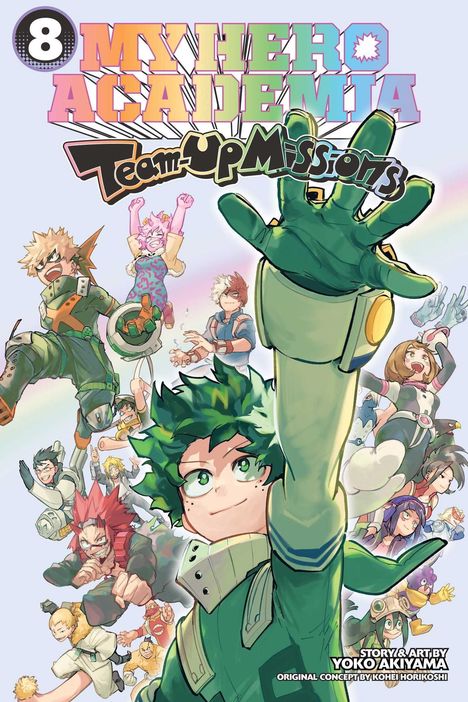 „8 MY HERO ACADEMIA Team-Up Missions“. Illustration von Helden in dynamischen Posen im Anime-Stil.