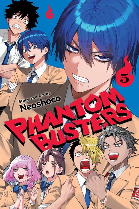 "Phantom Busters", "Story and Art by Neoshoco", Band 5. Illustration von energiegeladenen Manga-Charakteren in Schuluniform.