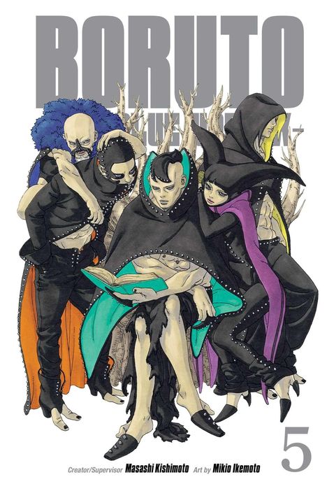 "BORUTO 5" steht oben. Illustration von Figuren in schwarzen Umhängen, einer liest ein Buch, umgeben von anderen mit bunten Haaren.