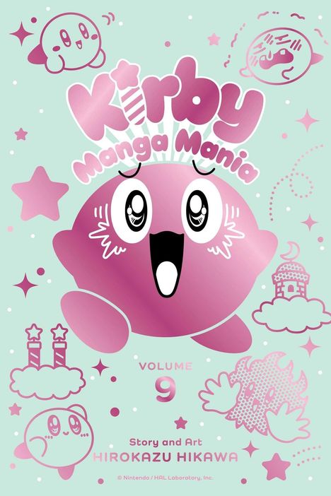Text: Kirby Manga Mania, Volume 9, Story and Art Hirokazu Hikawa. Illustration: Ein lächelnder, pinker Charakter mit großen Augen.