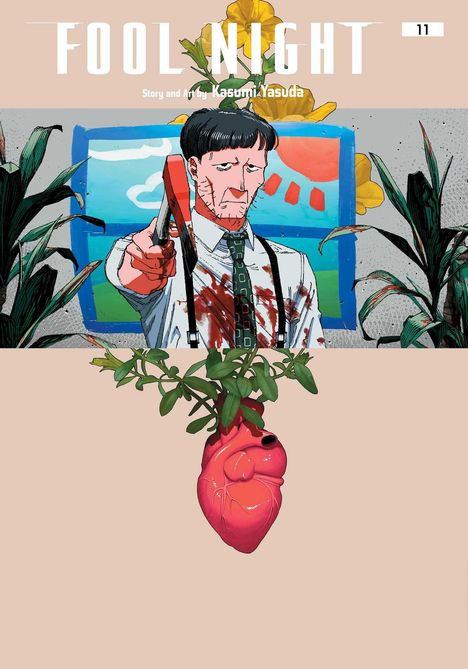 "FOOL NIGHT" Text oben, Mann mit Schere und blutbeflecktem Hemd, vor Bild mit Sonne. Pflanze wächst aus anatomischem Herz.