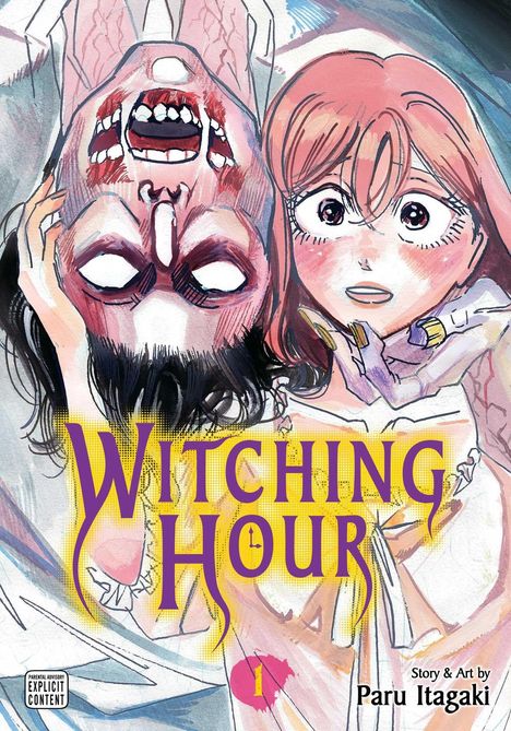 "Witching Hour" steht in lila. Darunter Menschen: Eine Frau sieht erstaunt aus, ein Mann hängt kopfüber mit blutigem Gesicht.