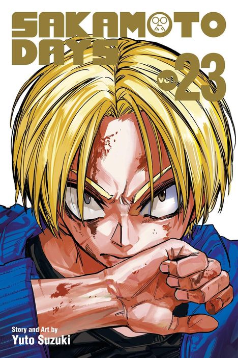 "Sakamoto Days, Vol. 23." Illustration eines entschlossenen, blonden Jungen mit Marken am Gesicht und blauer Kleidung.