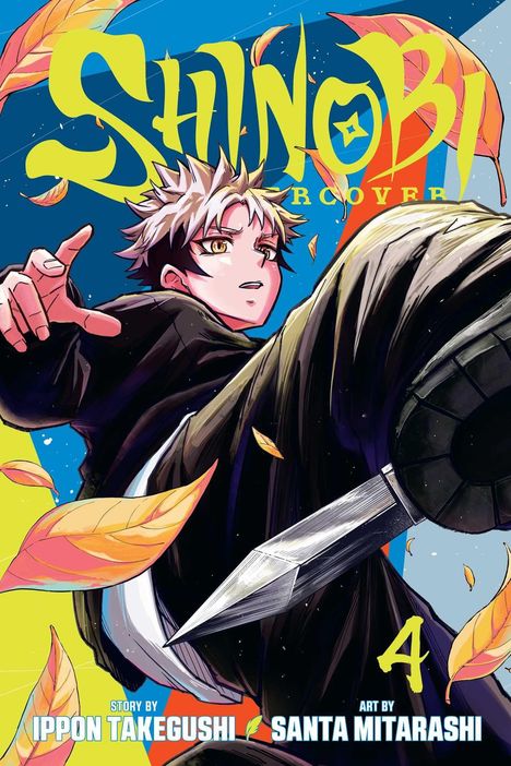 "SHINOBI" steht groß im Vordergrund. Ein dynamischer Junge im Anime-Stil tritt vorwärts, umgeben von fallenden Blättern.
