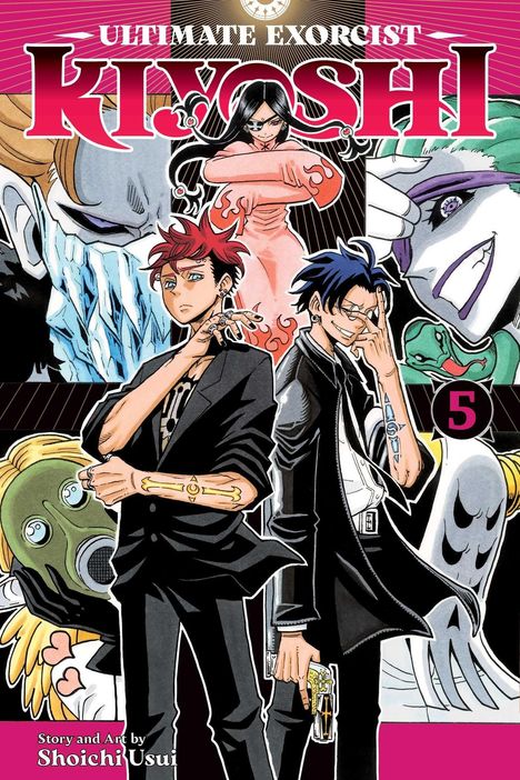 Text: „Ultimate Exorcist Kiyoshi“, „5“. Illustration: Zwei stilvolle junge Männer, mystische Figuren im Hintergrund.