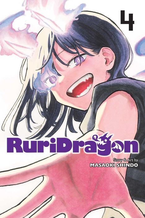 "RuriDragon" und "MASAOKI SHINDO". Ein fröhlicher Charakter mit lila Haaren und Drachengehörn, rote Augen, weit offen.