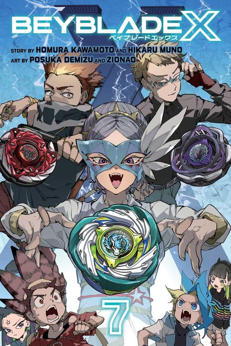 „BEYBLADE X“, Story von Homura Kawamoto und Hikaru Muno, Art von Posuka Demizu und ZIONAO. Fünf Charaktere mit Beyblades.