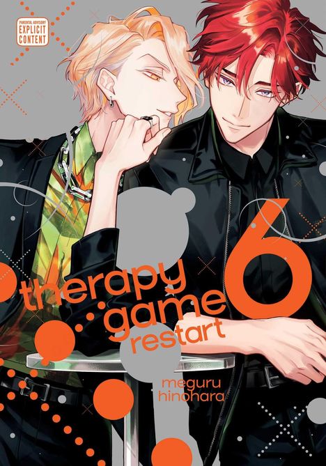 Text: "therapy game restart 6", "meguru hinohara", "EXPLICIT CONTENT". Zwei stilisierte Männer, einer blond, der andere rotbraunhaarig.