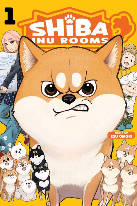 "SHIBA INU ROOMS", Nummer 1, gelber Hintergrund. Illustration: großer Shiba Inu vorn, viele kleinere um ihn herum.