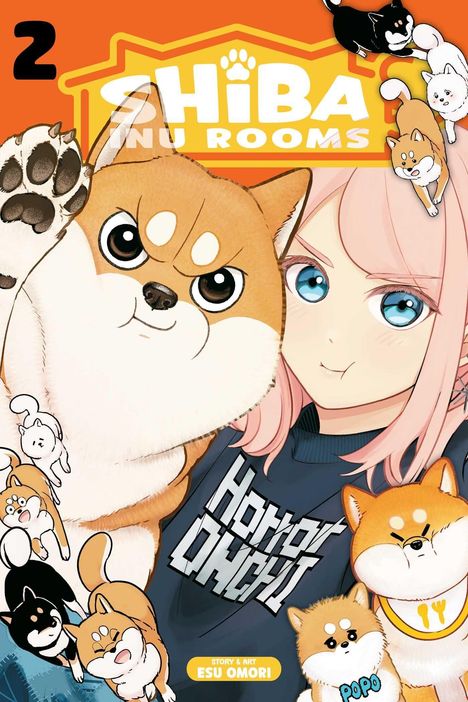 Titel: „SHIBA INU ROOMS 2“. Illustration mit großem Hund, pinkhaarigem Mädchen, vielen kleinen Shiba Inu Hunden.