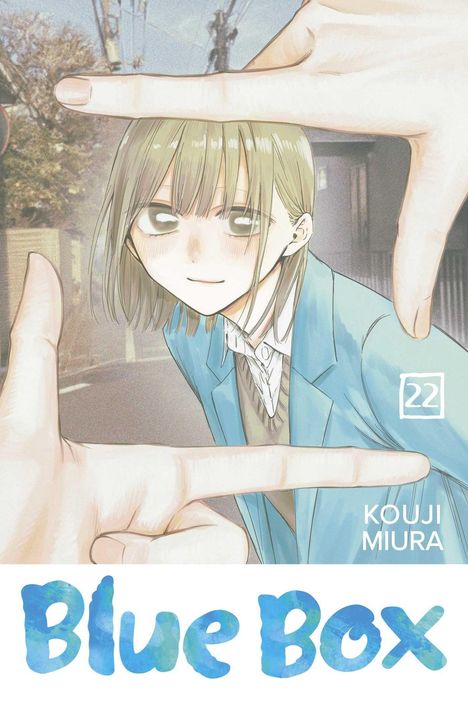 Text: "22", "Kouji Miura", "Blue Box". Illustration: Ein Mädchen mit hellen Haaren, lächelnd, gerahmt von Händen.
