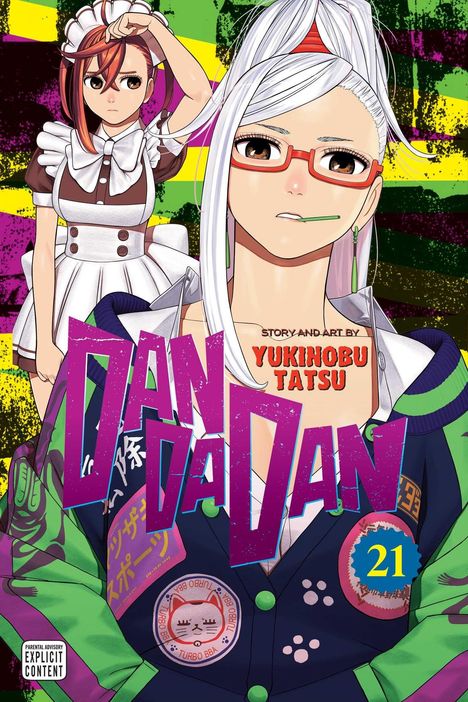 "Titel: Dandadan. Story and Art by Yukinobu Tatsu. Zwei stilisierte Figuren, eine mit Brille, bunter Hintergrund."