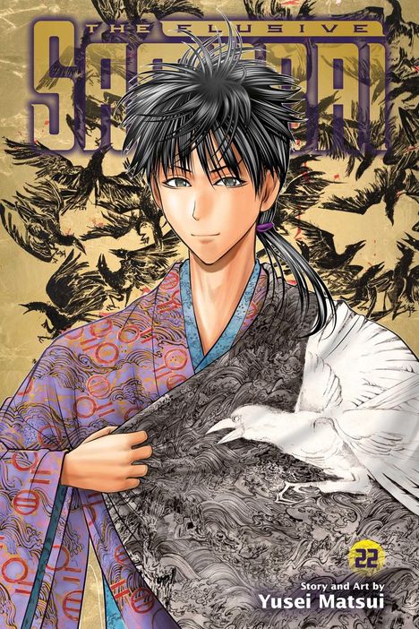 "THE ELUSIVE SAMURAI". Ein Junge in kunstvollem Kimono, umgeben von schwarzen Vögeln und einem gezeichneten weißen Vogel.