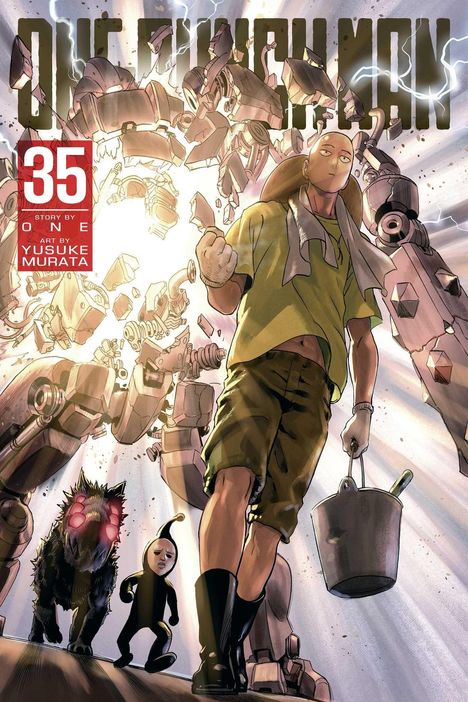 Text oben: "ONE PUNCH MAN". Es zeigt einen kahlköpfigen Mann in Uniform mit Eimer, begleitet von einem Monster und einer Figur.