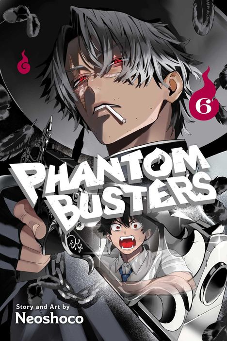 "Phantom Busters" steht groß in Weiß. Oben ist ein Mann mit grauem Haar und Zigarette. Unten ein erschrockener Junge.