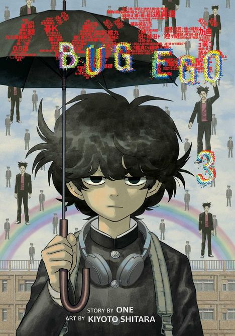 "BUG EGO", Zahl "3", viele identische Figuren in Uniform. Junge hält einen Regenschirm, im Hintergrund Regenbogen.