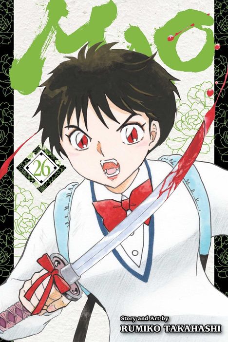 "26, Story and Art by Rumiko Takahashi." Ein entschlossener Charakter mit roten Augen und Schwert in Manga-Stil.