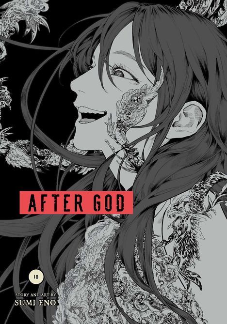 "AFTER GOD", Illustration eines lächelnden Gesichts mit langen Haaren, umgeben von detaillierten, phantasievollen Kreaturen.