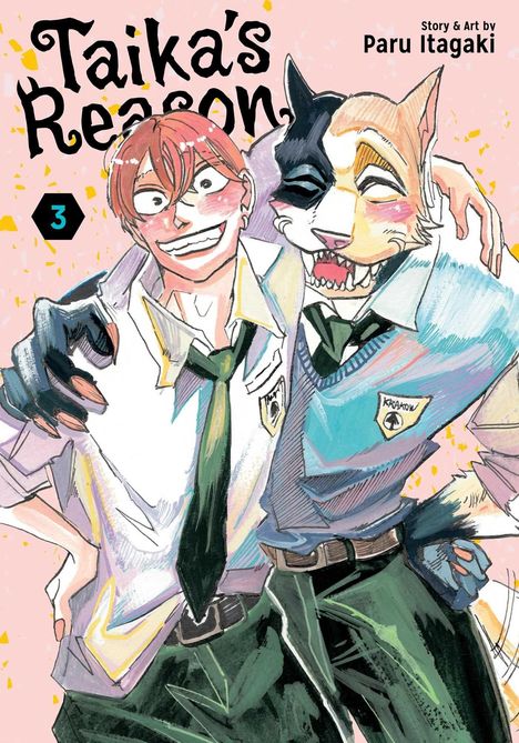 "Taika's Reason", Band 3. Zwei Figuren: Ein Mensch und ein anthropomorpher Hund, beide in Schuluniform, lachen.