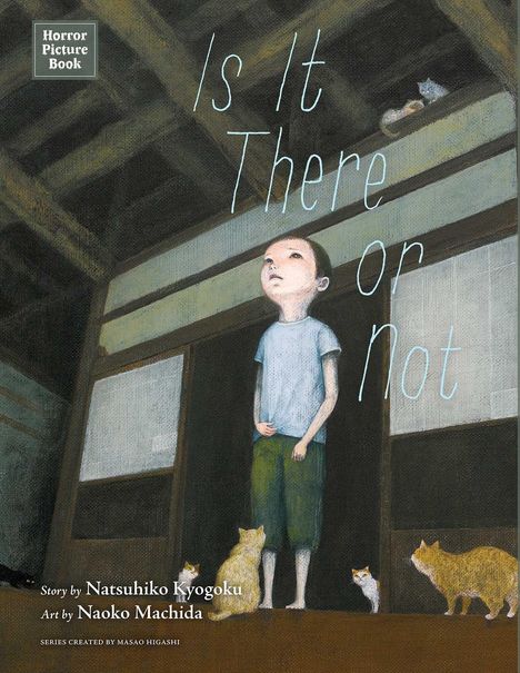 "Is It There or Not" in blauer Schrift, Junge schaut nach oben in einem dunklen Raum, umgeben von Katzen.