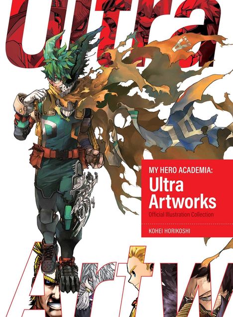 "My Hero Academia: Ultra Artworks" steht zentral. Illustration eines Charakters in heroischer Pose mit dynamischem Umhang.