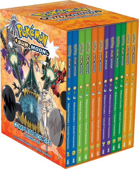 "Pokémon Sun & Moon Complete Box Set Volumes 1-12." Eine bunte Sammlung von Büchern mit Pokémon-Illustrationen auf der Seite.