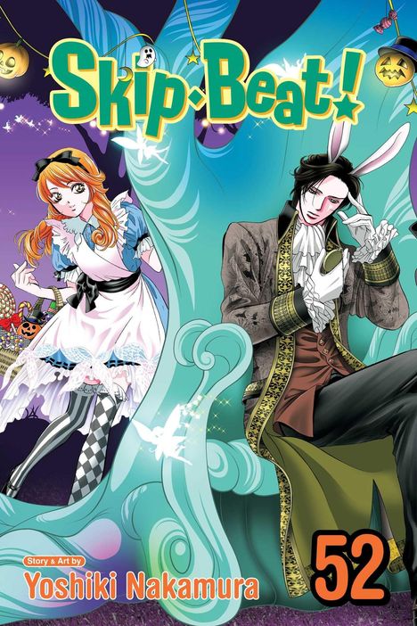 "Skip Beat!" in leuchtender Schrift oben. Unten: "Yoshiki Nakamura", "52". Illustration: Frau im Alice-Kostüm, Mann im Hasenkostüm.