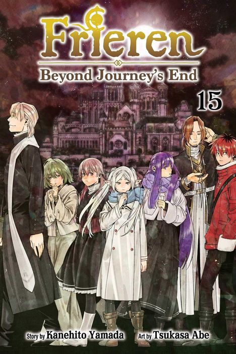 Titel: "Frieren: Beyond Journey’s End", 15. Eine Gruppe von sieben stilisierten Charakteren steht vor einem großen Schloss.
