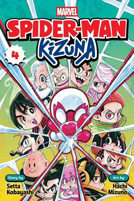 "Spider-Man: Kizuna", Band 4. Bunte Manga-Figuren in einem Spinnennetz-Stil zentriert um Spider-Man.
