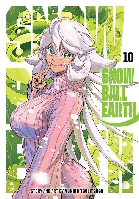 "SNOW BALL EARTH 10" in grüner Schrift. Manga-Illustration einer Frau mit weißem Haar und pinkem Pullover.