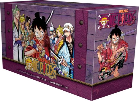 "Wano One Piece", "Wano to Egghead Box Set - Volumes 91-111". Illustrationen von Charakteren in bunter Kleidung mit Schwertern.