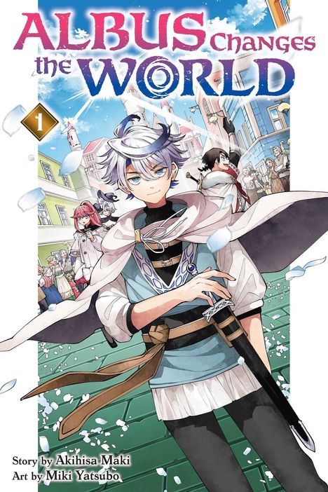 „ALBUS CHANGES THE WORLD“ steht in großen Buchstaben. Ein Manga-Charakter mit weiß-blauen Haaren in einem Umhang.