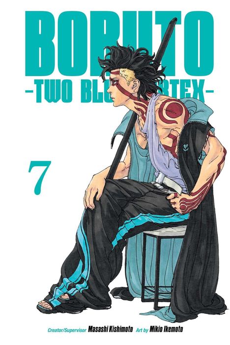 "BORUTO -TWO BLUE VORTEX- 7" zeigt einen tätowierten Mann mit Stab. Anime-Stil, lässig sitzend, auffällige Kleidung.