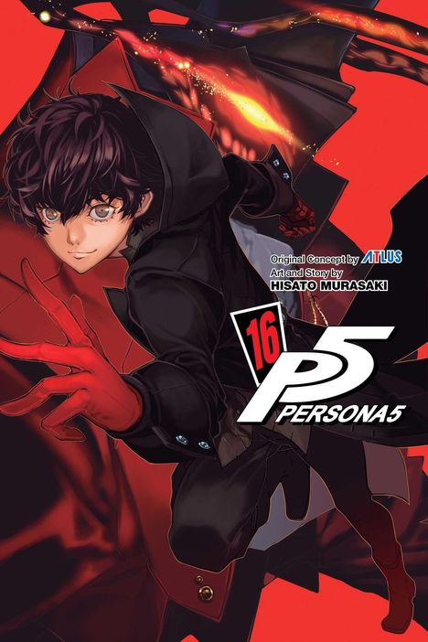 Text: "16 P5 PERSONA5". Illustration: Eine Person mit schwarzem Mantel und rotem Handschuh, dynamische Pose.