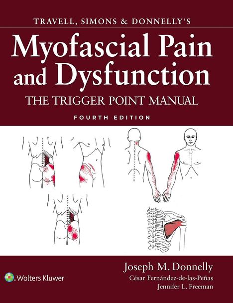 "Myofascial Pain and Dysfunction: The Trigger Point Manual, Fourth Edition." Zeichnungen von Körpern mit hervorgehobenen Muskelbereichen.