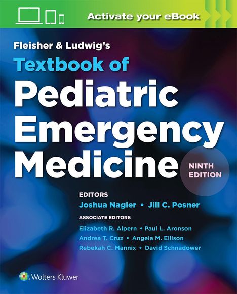"Textbook of Pediatric Emergency Medicine", grün-blauer Hintergrund, Herausgeber und assoziierte Editoren aufgelistet.