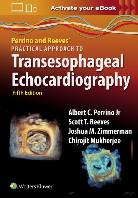 Text oben: "Activate your eBook". Titel: "Transesophageal Echocardiography". Autoren: Perrino, Reeves, u. a. Logo: Wolters Kluwer.