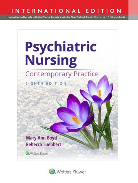 "Psychiatric Nursing: Contemporary Practice, Eighth Edition" von Mary Ann Boyd und Rebecca Luebbert. Lila Krokusblüten und Wolters Kluwer-Logo.