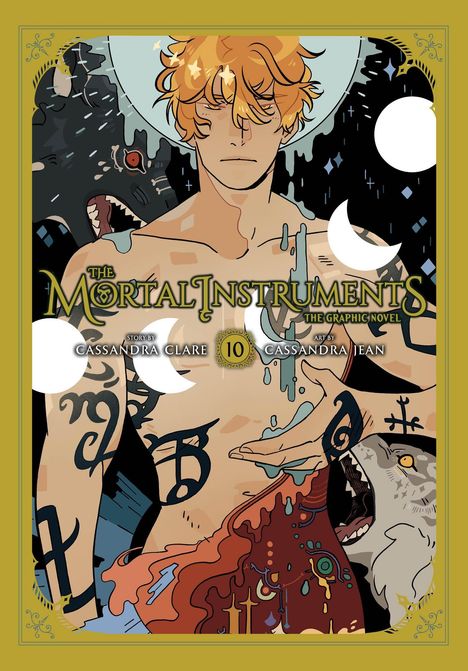 „The Mortal Instruments: The Graphic Novel“, Band 10; Story von Cassandra Clare, Kunst von Cassandra Jean. Illustration zeigt einen tätowierten, rothaarigen Mann mit mythischen Symbolen und Kreaturen.