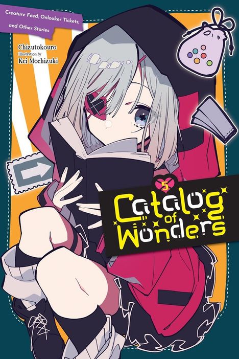 „Catalog of Wonders“, Illustration eines Mädchens mit Kapuze und Buch, fantasievolle Symbole umgeben sie.