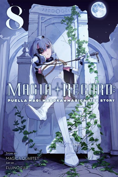 „Magia Record: Puella Magi Madoka Magica Side Story“, zeigt eine Figur in Weiß vor Ruinen und Mondlicht.