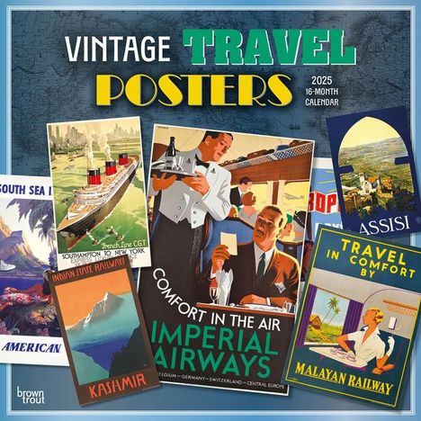 Browntrout: Vintage Travel Posters 2025 12 X 24 Inch Monthly Square Wall Calendar Plastic-Free, Kalender