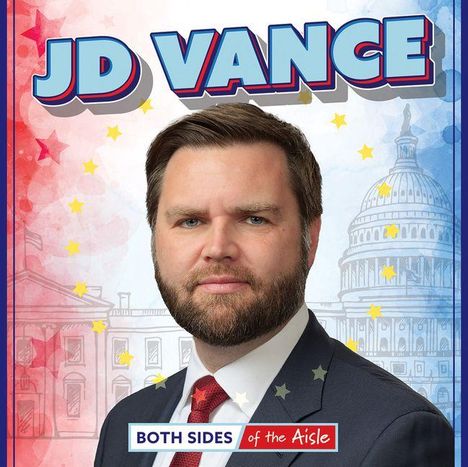 "JD VANCE" und "BOTH SIDES of the Aisle" auf patriotischem Hintergrund mit Sternen und Kapitol.