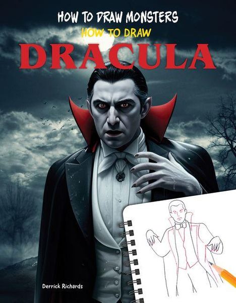 „How to Draw Monsters: How to Draw Dracula.“ Illustration von Dracula in dunklem Mantel, mit aufgeschlagenem Zeichenblock.