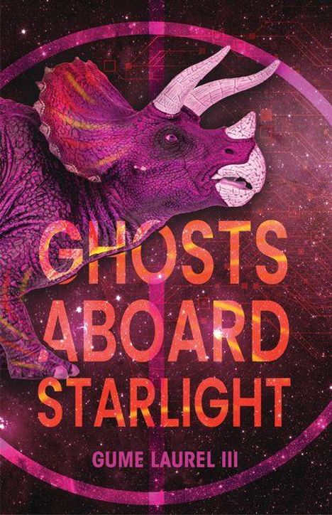 "Ghosts Aboard Starlight" und "Gume Laurel III" in lebhaften Farben über einem futuristischen, lila Dinosaurier.