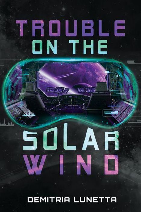 "Trouble on the Solar Wind" von Demitria Lunetta. Sci-Fi-Illustration, Raumschiff-Kommandozentrale mit Weltraumansicht.