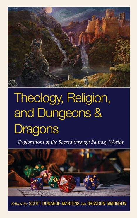 "Theology, Religion, and Dungeons & Dragons" in gelb auf blau. Illustration: Fantasy-Landschaft mit Drache und Ritter.