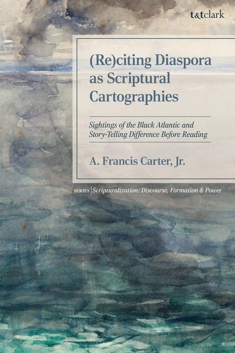 "(Re)citing Diaspora as Scriptural Cartographies" von A. Francis Carter, Jr. Aquarell in Blau- und Grautönen.
