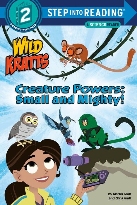 „Wild Kratts: Creature Powers: Small and Mighty!“ Zwei Figuren in Tieranzügen, ein Mädchen und ein Lemur auf einem Ast.