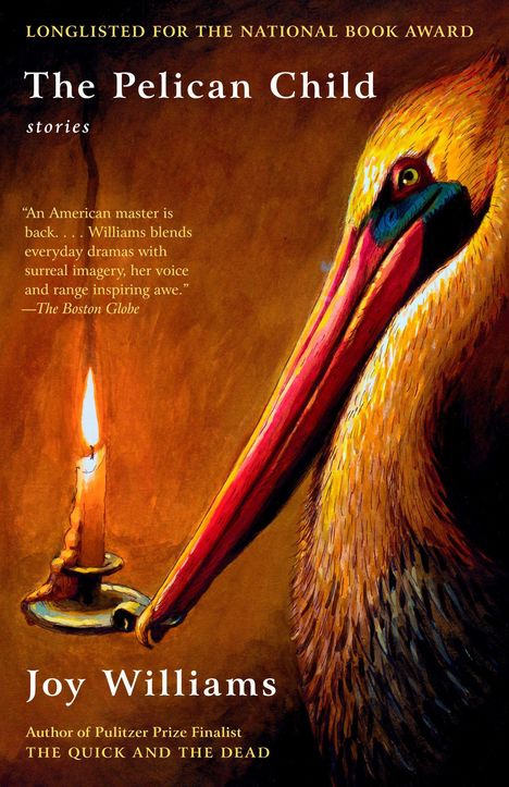 "The Pelican Child" von Joy Williams, Illustration: Pelikan mit brennender Kerze vor braunem Hintergrund.
